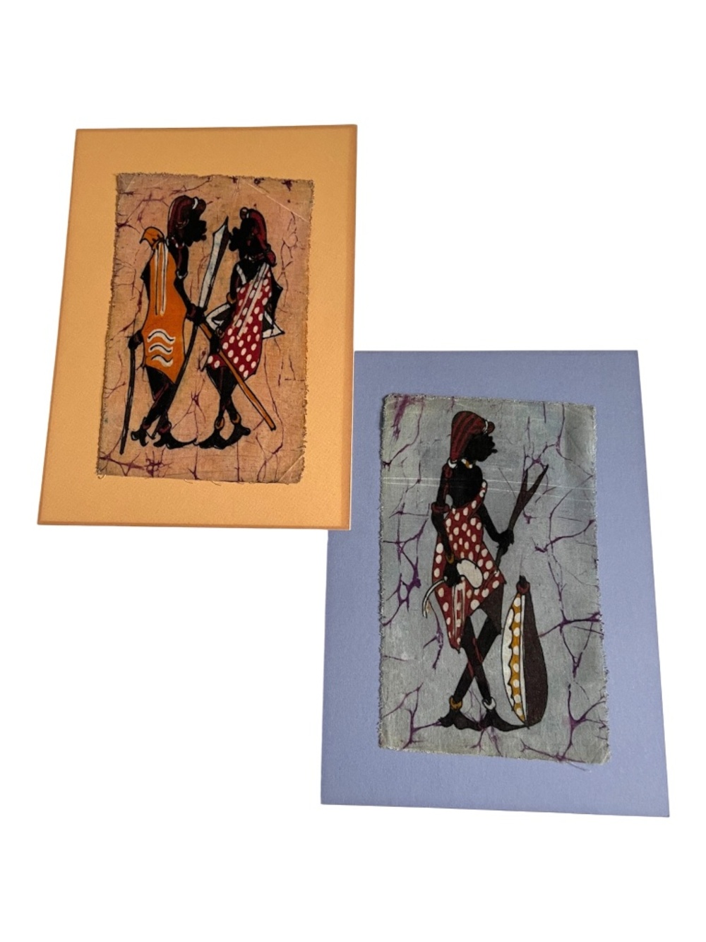 Pair African Art Batik Cloth Women Tacked Cardboard 9 1/" x 13 1/2 Total Textile